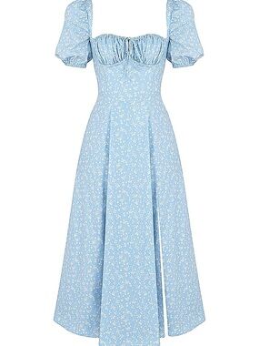 House of CB Light Blue Floral Puff-Sleeve Midi Dress